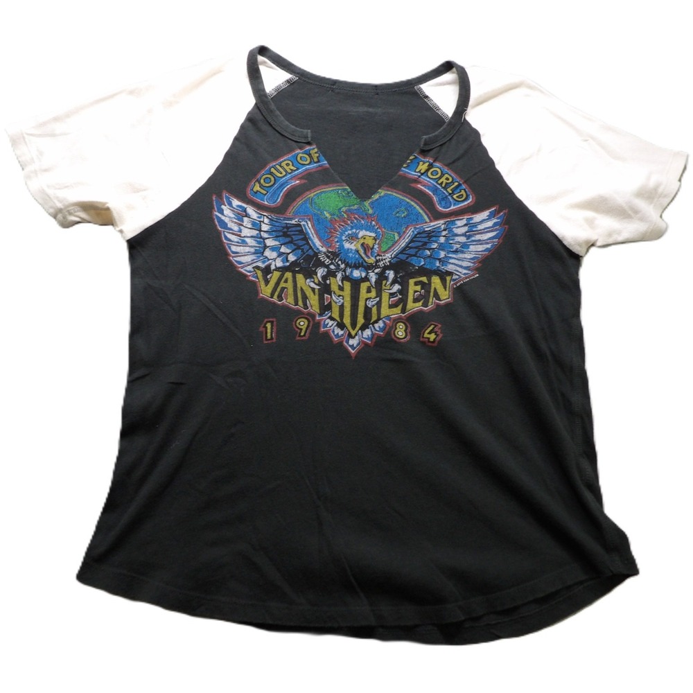 Van Halen 1984 World Tour Raglan Graphic Tee Slit Neck Cotton Women M Black Logo